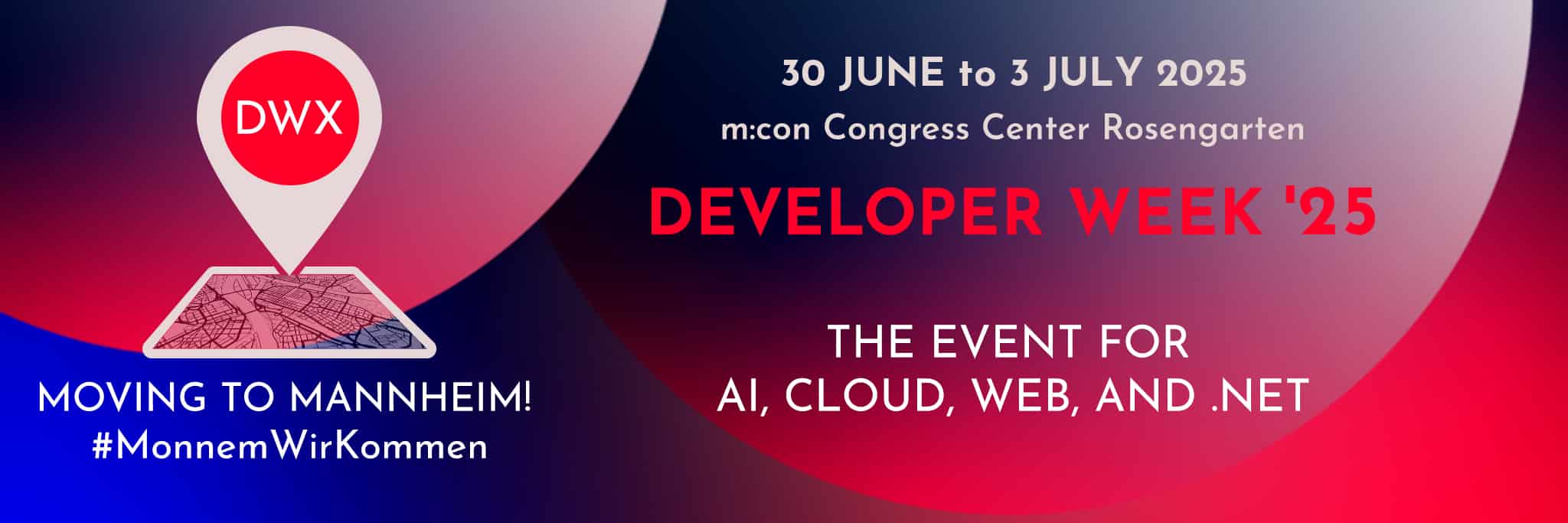 Header Developer Week, Developer Week, Juni 30 to July 3, 2025 in Mannheim. The Event for AI, Cloud, Web and .Net